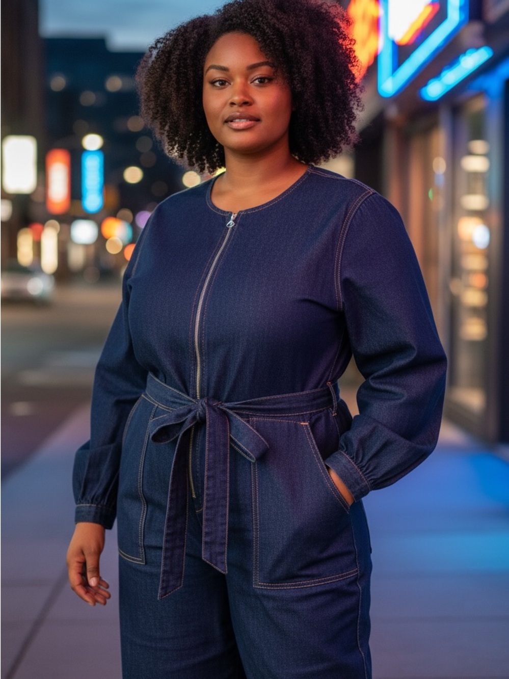 Eloquii Dark Navy Denim Zip-Up Tie-Waist Jumpsuit